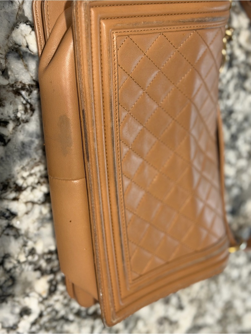 CHANEL Medium Boy Bag Quilted Leather Shoulder Bag in Tan with Gold Hardware - Picture 12 of 14